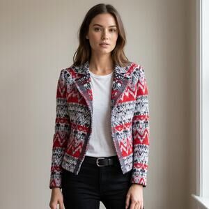 IRO Kroe Tweed Jacquard Black/Red Open Front Jacket Blazer, size 36/S
